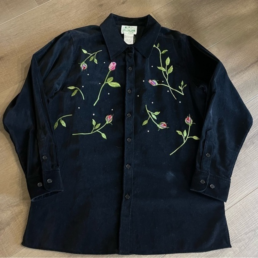 Quacker Factory Black Velvet Roses Shacket Embroidery M Shirt Bling Country Core